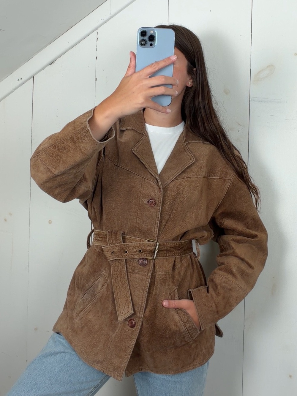 Vintage Brown Suede Leather Button Front Belted Jacket Women’s Medium Y2K Retro